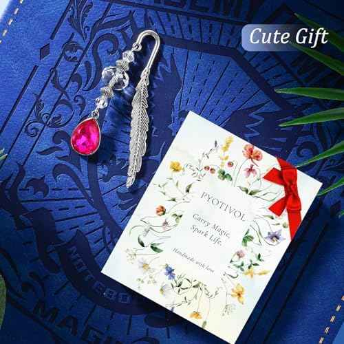 Vintage Bookmark Metal Feather Bookmarks with Drop Natural Rose Red Crystal Pendant Chain,Book Mark for Reading Women,Men,Book Lovers,Girls and Teachers(October)