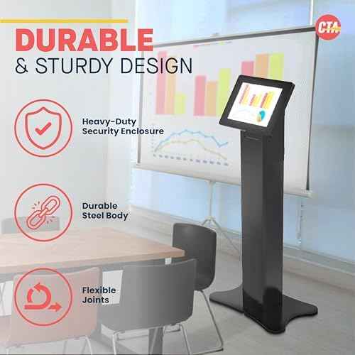 CTA Digital Locking Kiosk & Enclosure – Premium Locking Floor Stand Kiosk with Universal Security Enclosure - Storage and Cable Management for Retail POS - Ordering Screens & More Black (PAD-PARAFPE)