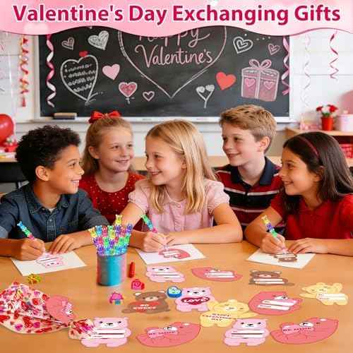 24 Pack Valentines Day Classroom Exchange Gift for Kids with Stationery Set Assorted Valentines Day Cards for Kids School Valentines Party Favors for Class with Goodie Bag and Pencils, Erasers, Rulers