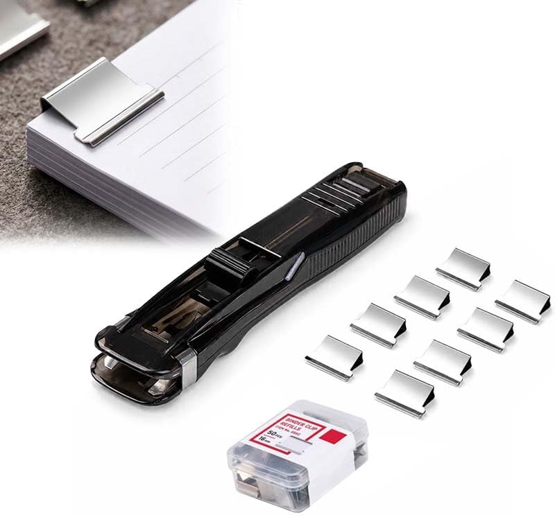 Portable Binder Clip Stapler with 58 Reusable Push Clips, Staple Free Stapler for Up to 40 Sheets, Mini Paper Clip Dispenser for Office Documents, School Supplies and Home Organization (Black)