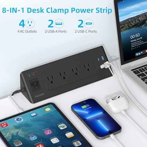 Desk Clamp Power Strip, 6.5ft Flat Plug Extension Cord, Desktop Mounted