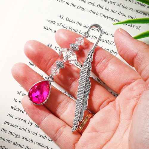 Vintage Bookmark Metal Feather Bookmarks with Drop Natural Rose Red Crystal Pendant Chain,Book Mark for Reading Women,Men,Book Lovers,Girls and Teachers(October)