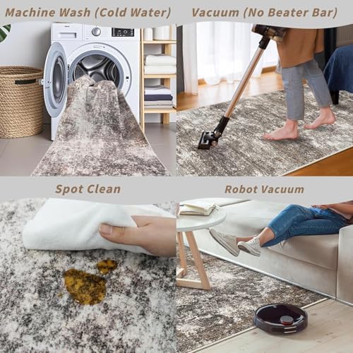 2x12 ft Washable Hallway Runner Rug – Non-Slip Stain-Resistant Low-Pile Long Carpet Runner for Kitchen Entryway Living Room Bedroom Bathroom, Modern Abstract Neutral (Brown Beige,2x12)