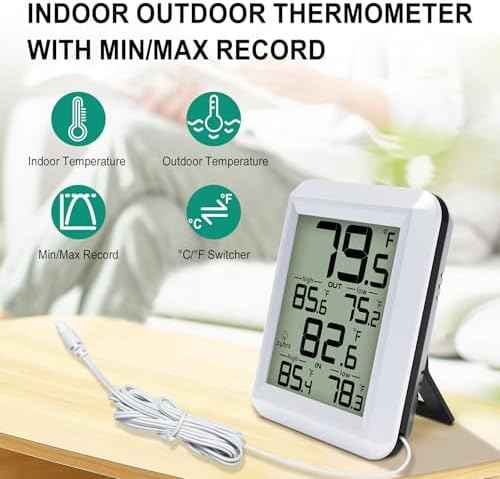 Urageuxy Digital Indoor Outdoor Thermometer Wired, Indoor Outdoor Temperature Monitor with Min/Max Record and Probe Sensor for Home, Office, Greenhouse, Aquarium, Refrigerator, Freezer (White)