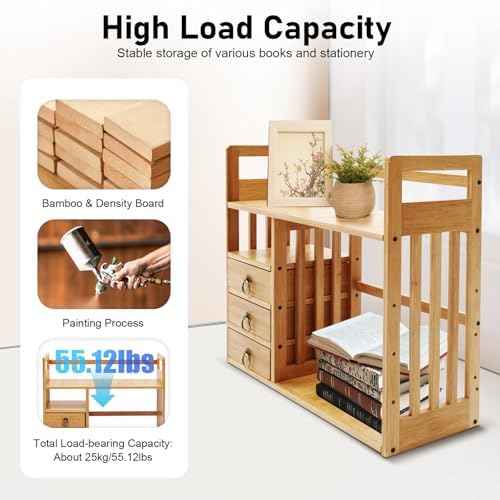 Desktop Storage Shelf, Bamboo Home Office Storage Rack with 3 Drawers, Modern Rectangular Desktop Organizer, File Holder Storage Rack for Office Home School