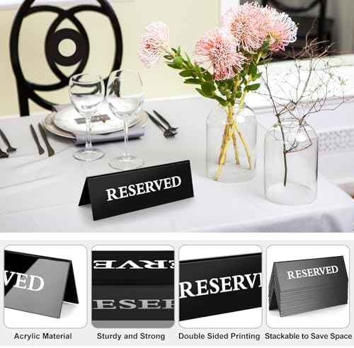 20 Pcs Reserved Table Signs, Black Acrylic Reserved Signs for Wedding, Double Sided Tent Reserved Seating Signs for Restaurants, Birthday Party, Events