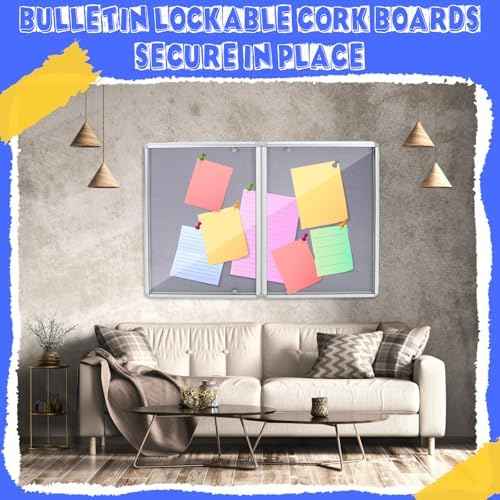 Motipuns 48"x36" Lockable Enclosed Bulletin Board with Glass Door, Weather Resistant Cork Notice Board, Wall Mounted Display Case for School Office Community Outdoor, 12xA4(Gray, Silver Frame)
