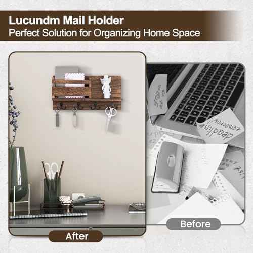 Key and Mail Holder for Wall Decorative - Rustic Mail Organizer Wall Mount, Wooden Letter Sorter Organizer with 4 Key Rack Hooks for Hallway Kitchen Farmhouse Decor (Brown)