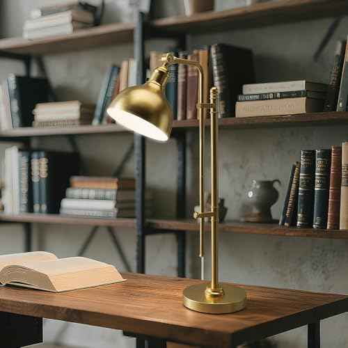 PARTPHONER Industrial Adjustable Desk Lamp for Home Office, Farmhouse Table lamp 29''-38'', Rustic Metal Task Desk Lamp in Brushed Gold Finish, Vintage Reading Lamp for Study Room，Gold