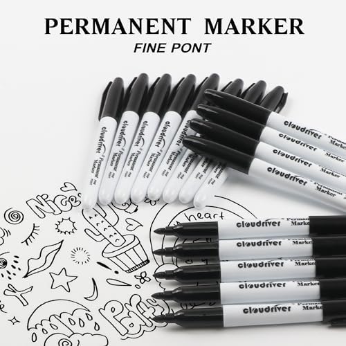 cloudriver Black Permanent Markers Fine Tip, 60 Packs Permanent Markers Bulk, Quick Drying & Fade Resistant, Permanent Marker Set Works on Plastic,Wood,Stone,Metal and Glass for Doodling, Marking