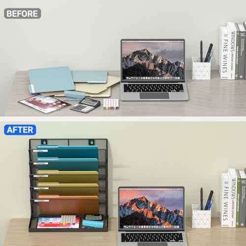 Legal/Letter Size Hanging Wall File Organizer Desktop Self Standing File Organizer,6-Tier Wall Mount Paper Document Folder Holder,Metal Mesh Magazine Rack for Office Home, Black