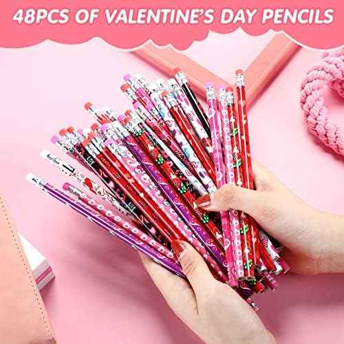 Marspark 48pcs Valentines Day Pencils Bulk Valentines Wood Heart Pencils with Erasers Valentine's Day Exchange Gifts for Valentine's Party Gifts Favors Goodie Bags Teacher Reward Supplies