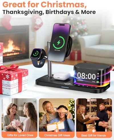 7-in-1 Wireless Charging Station for Multiple Apple Devices Bluetooth Speaker Alarm Clock Night Light, Qi2.2 Charger Stand for iPhone 17/16/15 Pro Max Apple Watch Airpods 45W Adapter Included (Orange)