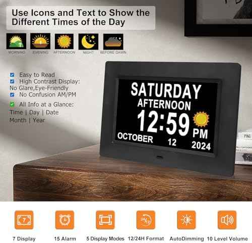 SSINI Digital Calendar Dementia Alarm Clock with Day and Date for Elderly - 15 Alarms 5 Colors Display Large Display Alzheimers Clock Large Digital Clock for Seniors (7in Black)
