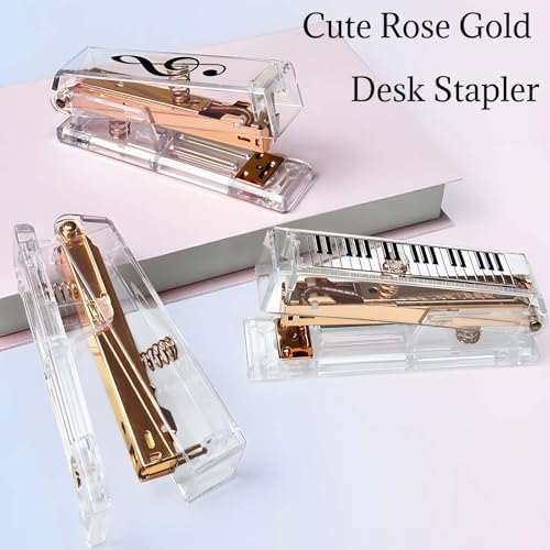 Cute Rose Gold Desk Stapler – Acrylic Transparent Design with Musical Note & Piano Keyboard Pattern, for Home, Office, and Music Lovers Gift (Piano Keyboard)