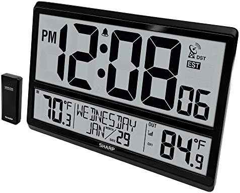 Sharp Atomic Clock with 4-Inch Display, Outdoor Sensor, Battery Powered