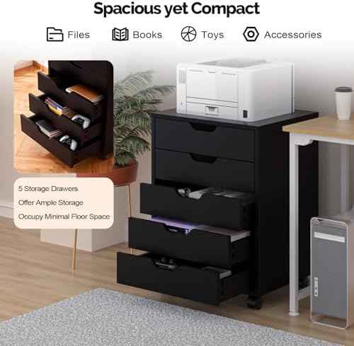 VINGLI 5 Drawers Mobile File Cabinet with Wheels, Under Desk Storage Organization, Vertical Filing Chest Rolling Wood Small Desk Printer Stand for Home Office, 19" W × 15.8" D × 25.6" H, Black