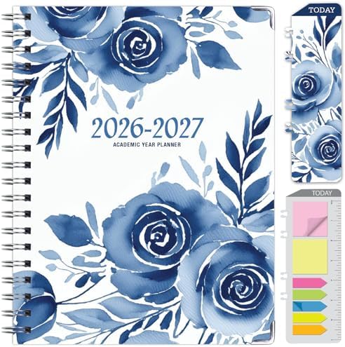 HARDCOVER Academic Year 2026-2027 Planner: 14 Months (May 2026 Through June 2027) 8.5"x 11" Daily Weekly Monthly Planner Yearly Agenda. Bookmark, Pocket Folder and Sticky Note Set (Blue Bloom)