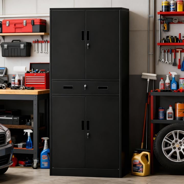 Metal Storage Cabinets with 1Drawer, 71" Storage Cabinet with 4 Locking Doors and 2 Adjustable Shelves, Steel Storage File Cabinet for Pantry Home, Kitchen, Office, Garage (Black)