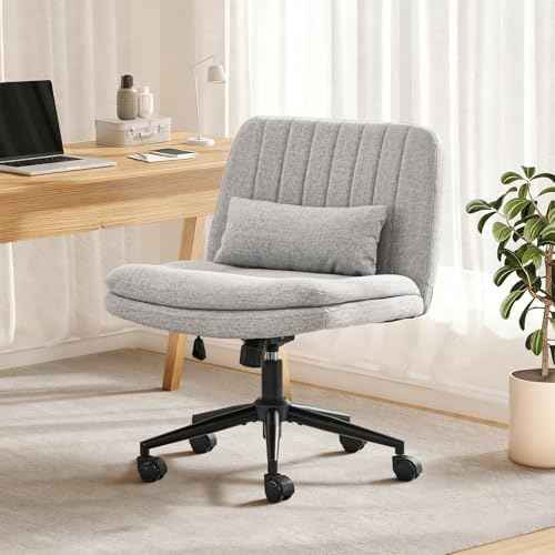 Criss Cross Chair with Wheels, Comfy Armless Cross Legged Office Chair with Wide Seat, Double-Thick Cushion, Pillow, Adjustable Swivel Computer Task Vanity Home Office Desk Chair (Gray, with Wheels)