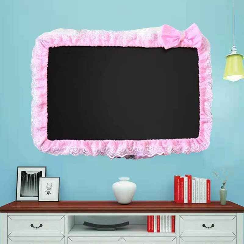 Computer Monitor Cover with Lovely Cute Elastic Pen Pocket Bow-knot TV LCD Screen Monitor Decoration Dust Cover Protector, lace fabric (17''-22''，Pink)