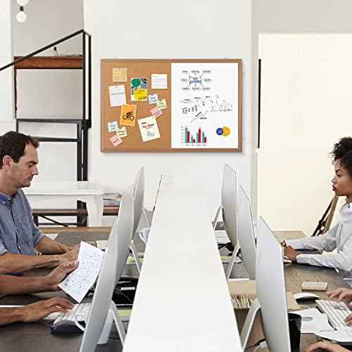 Combination Magnetic Whiteboard Cork Bulletin Board, 24" X 18“ Combo Dry Erase White Board Cork Pin Board for Wall with Natural Wood Frame…