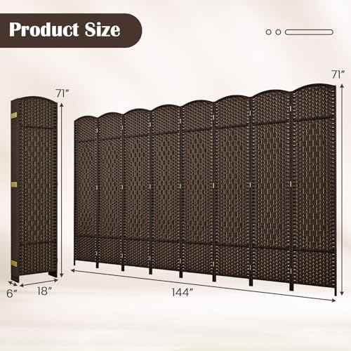 GOFLAME 8 Panel Room Divider, 6 Ft Tall Folding Privacy Screen with Hand-Woven Texture & Solid Wood Frame, Fully Assembled Wall Divider and Partition Screen for Room Separation, Brown