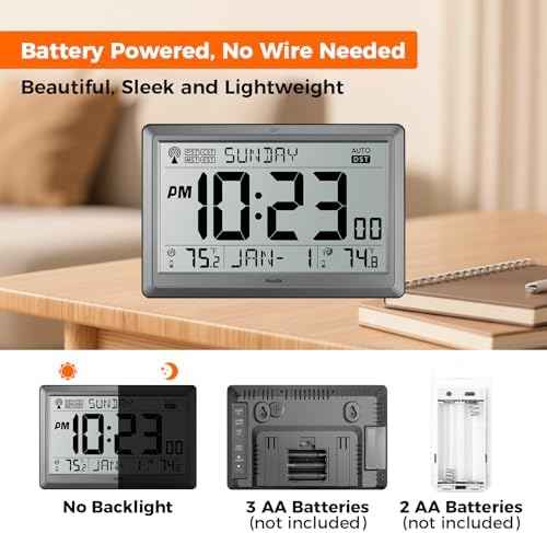 HODIK Atomic Wall Clock with Indoor Outdoor Temp, Digital Clocks(Silver)
