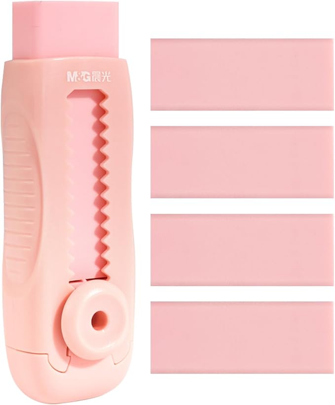 M&G 4+1 Pack Rubber Pink Erasers Sliding Retractable Eraser, Soft Cute Erasers by MG