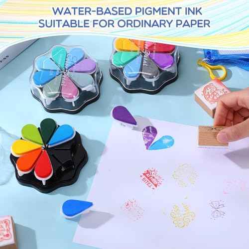 Jetec 3 Packs Petal Ink Pads Finger Ink Stamp, Rainbow Rubber Stamps Washable Waterdrop Shaped Stamp Pads for Card Making, Scrapbook, Painting (Classic 24 Colors)