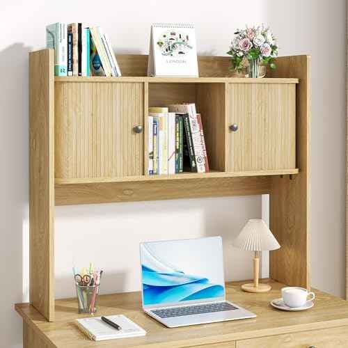 Fluted Desktop Bookshelf, 35.4 Inch x 31.5 Inch Wooden Desk Organizer, Desk Hutch with 2 Doors, Desktop Shelf Storage Rack, for Home, Office, Dorm, 2-Tier, Wood