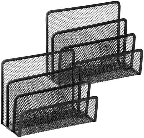 2 Pieces Desk Mail Organizer, Metal Mesh Small File Holders Letter Organizer, Bill/Document/Filing/Folders/Paper Organizer for Desktop (BLACK-2PCS)