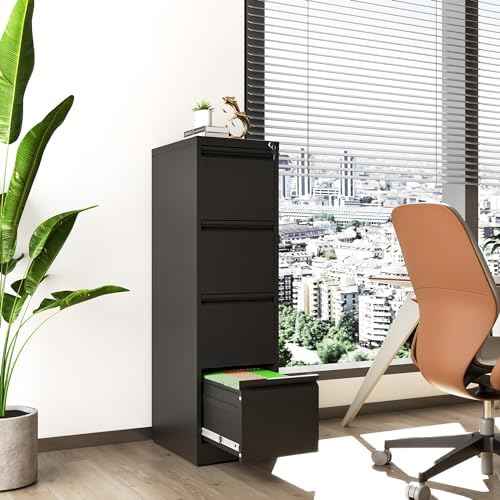 File Cabinet 4 Drawer with Lock, Vertical Filing Cabinets for Home Office, Metal Steel Storage Cabinet for Letter/Legal Size File, Assembly Required(Black)