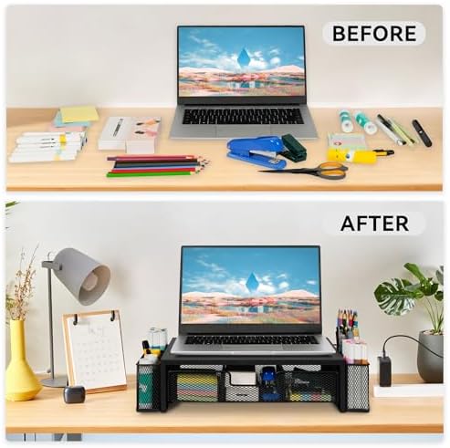 Qupui Computer Monitor Stand Riser with Drawer and Pen Holders, Desk