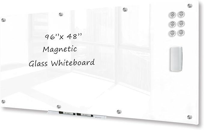 J&J worldwide Magnetic Glass Whiteboard 8' x 4' Ultra White, Large Frameless by JJworldwide