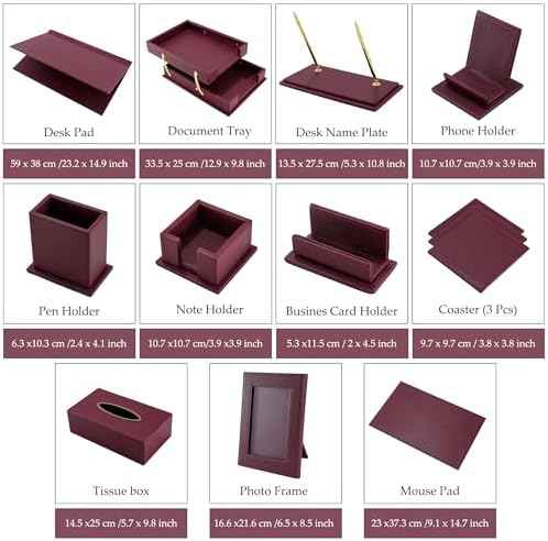 Leather Desk Set,13-Piece Desk Organizer Set, Executive Office Accessories with Desk Pad & Blotter, 2-Tier Tray, Pen Holder & More, Professional Office Desk Decor & Gift Set (Burgundy)