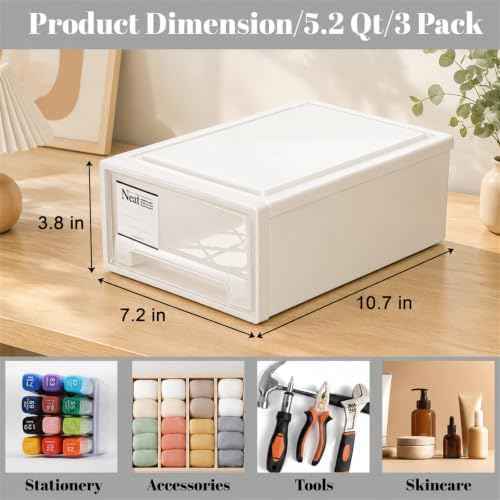 ZENFUN 3 Pack Plastic Stackable DrawerStorage Drawers Bins, Small Drawer-type Desk Organizer Boxes, Translucent Small Chest of Drawers, Stackable Drawers for Home, Office, Desktop