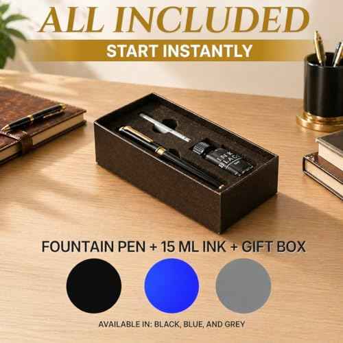 Château Avant Fountain Pen Set | Refillable Black Fountain Pen with Black Ink Bottle, Fine Nib, and Converter | Smooth Writing Gift Set for Beginners, Men, and Women