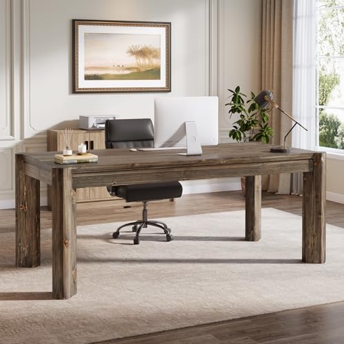 63" Solid Wood Executive Desk, Farmhouse Home Office Computer Desk,Large Simple Study Writing Table Business Workstation for Office, Wood Legs, Vintage Brown