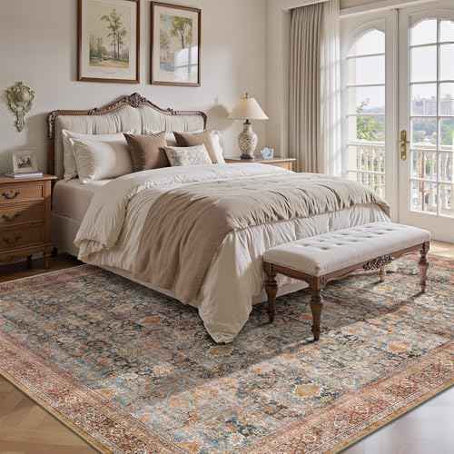 8x10 Area Rugs for Living Room - Washable Vintage Retro Large Rug, Soft Ultra Thin Non Slip Low Pile Traditional Distressed Boho Carpet for Bedroom Dining Room Home Office, Rust Clay