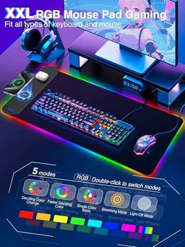Magnetic Charging Mouse Pad 31.5x15.75, 15W Fast Wireless Charging Desk Mat, XXL Desk Pad RGB Gaming Mousepad, Home Office Large Keyboard Pad with Ultra-Smooth Surface, Non-Slip Base