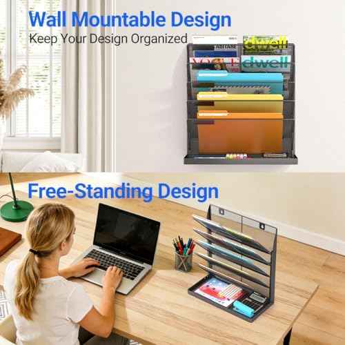 Legal/Letter Size Hanging Wall File Organizer Desktop Self Standing File Organizer,6-Tier Wall Mount Paper Document Folder Holder,Metal Mesh Magazine Rack for Office Home, Black