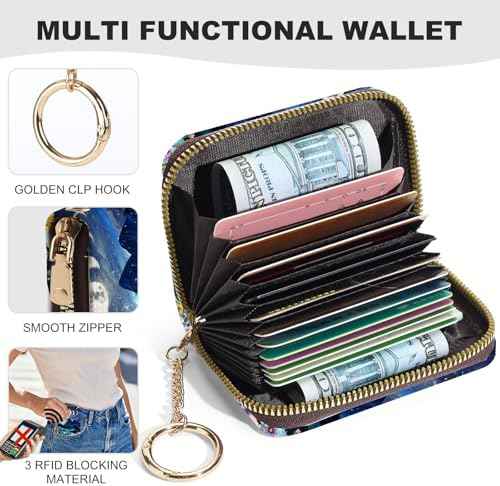 Credit Card Holder for Women,Small Rfid Wallet with Keychain Zipper,Cute PU Leather Card Case Wallet，Accordion Credit Card Wallets Gift,Moon Mountains