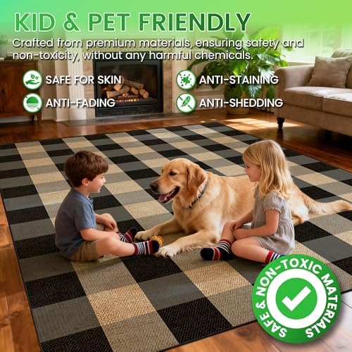 Washable 3x5 Buffalo Plaid Checkered Jute Indoor Outdoor Rug for Entryway