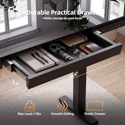 INNOVAR 32" Small Glass Standing Desk with Drawers & USB Ports, Whole-Piece Glass Top Adjustable Height Desks, Quick-Install Electric Sit-Stand Up Desk for Home Office & Computer Workstation, Black