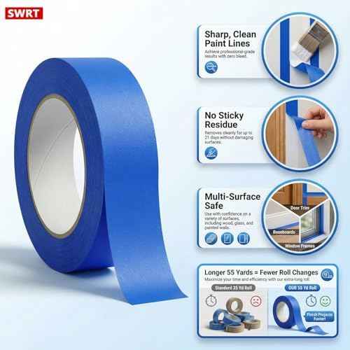 SWRT Blue Painters Tape 1 Inch x 55 Yards, 12 Rolls, Clean Removal