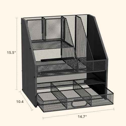 Homsorout Wooden Desk Organizer - Mesh File Organizer with Drawers and Pen Holder - 4-Tier Vertical Paper Letter Storage Tray, Desktop Organizers and Accessories for Home Office (Black