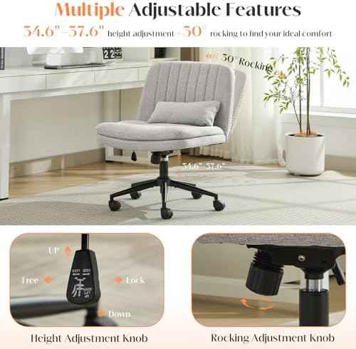 Criss Cross Chair with Wheels, Comfy Armless Cross Legged Office Chair with Wide Seat, Double-Thick Cushion, Pillow, Adjustable Swivel Computer Task Vanity Home Office Desk Chair (Gray, with Wheels)