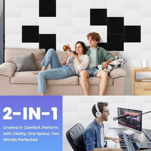 Focusound 18 Pack Sound Proof Panels for Walls, Self-Adhesive Acoustic Panels Sound Absorbing, 12" X 12" X 0.4" High Density White Square Soundproof Wall Panels