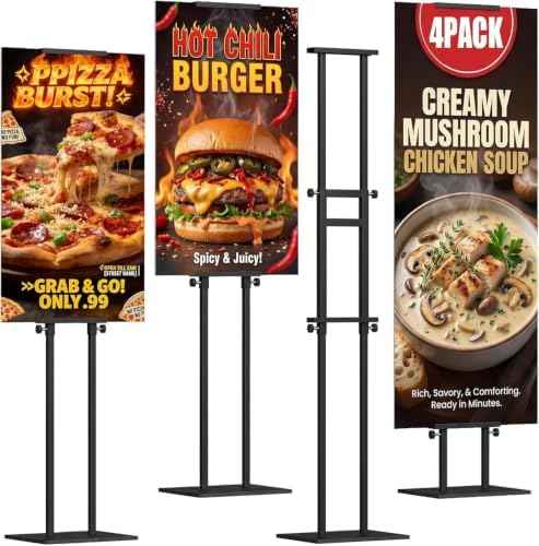 4 Pack Double-Sided Adjustable Poster Stand, 43"-83" adjustable Metal Sign Holder for Display, Freestanding Pedestal Sign Stand, for Restaurants, Parties, Cinemas and Outdoor, Black